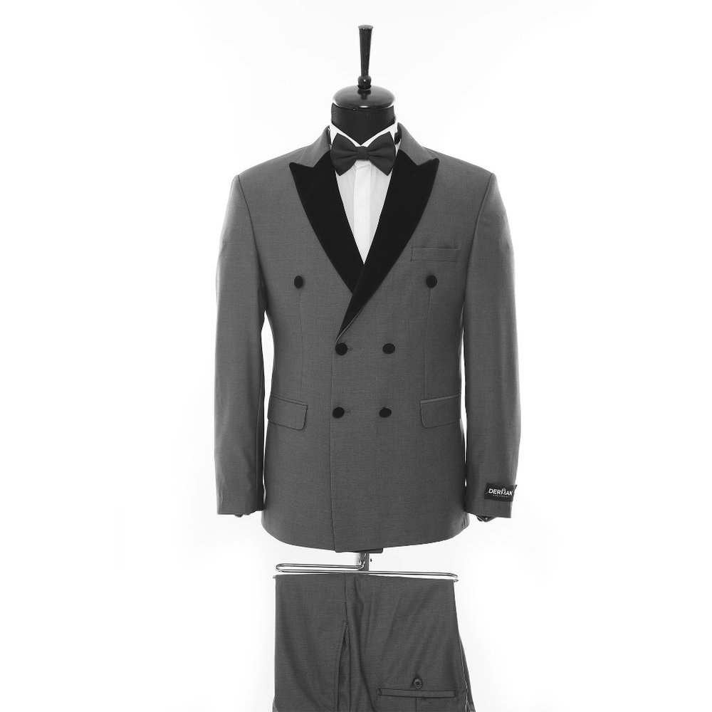 New Double-Breasted Peak Lapel Turkish Tuxedo, Grey, Bow-Tie